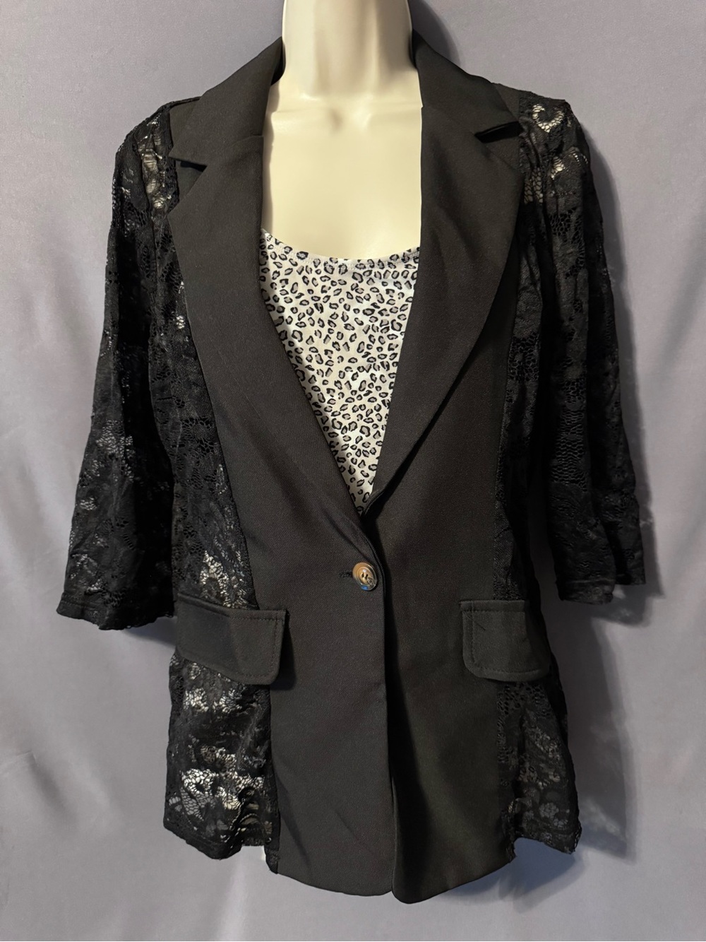 Womens Lace Blazer Open Front Button Sheer Mesh Blazer Elegant 3/4 Sleeve Jacket